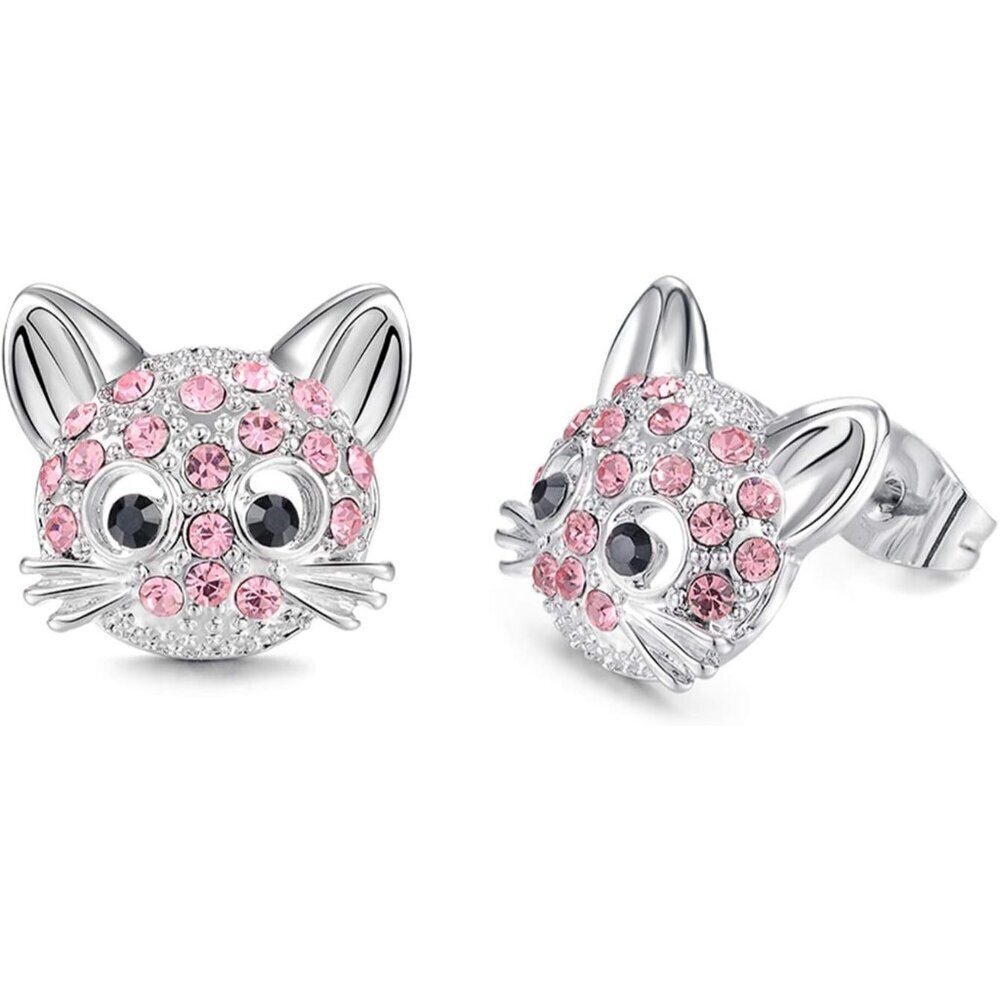 Pink Cubic Zirconia Hypoallergenic Cute Cat Stud Earrings for Women Teens Girls